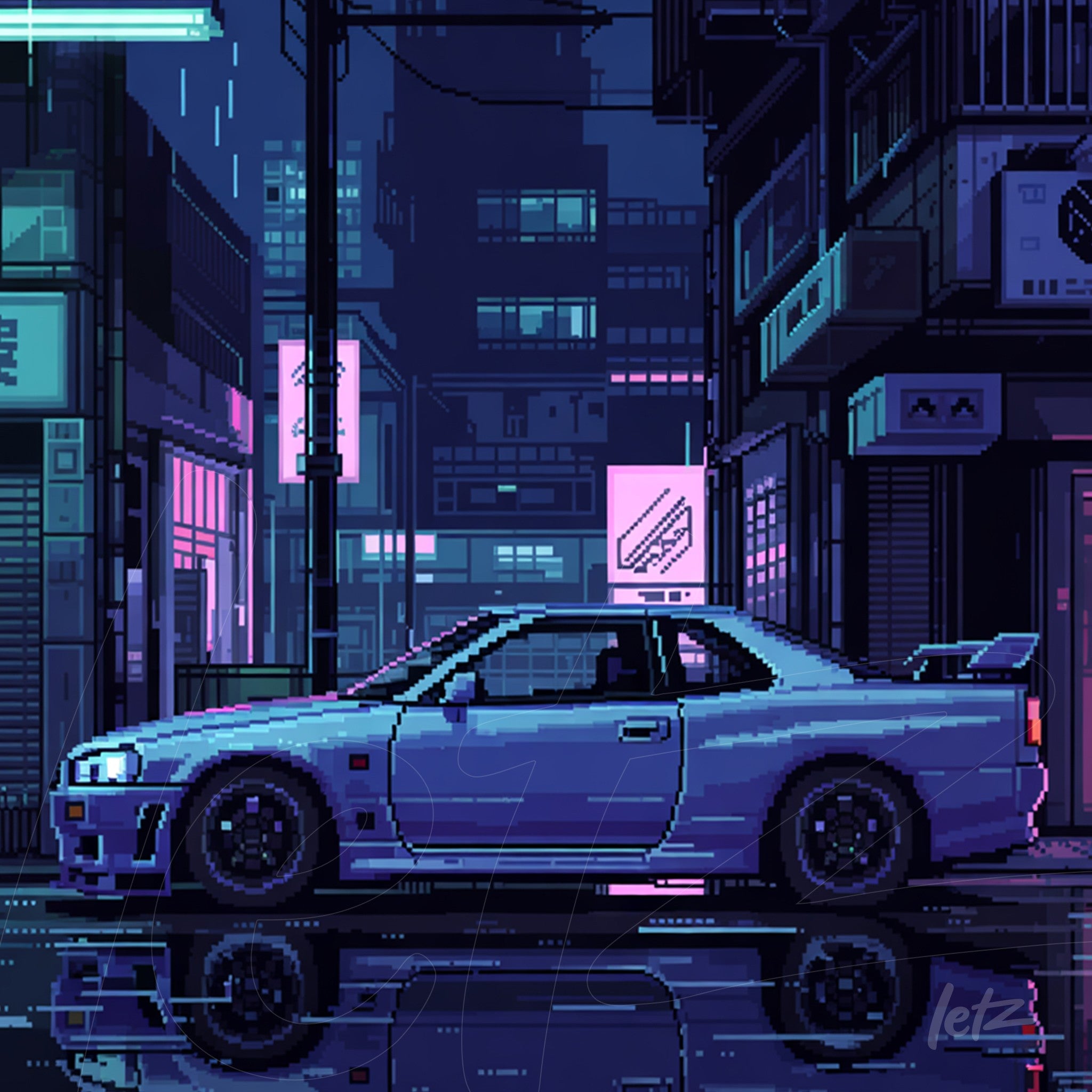 arte digital em estilo pixel art de um carro esportivo em uma cidade à noite, com luzes neon refletindo na pista molhada