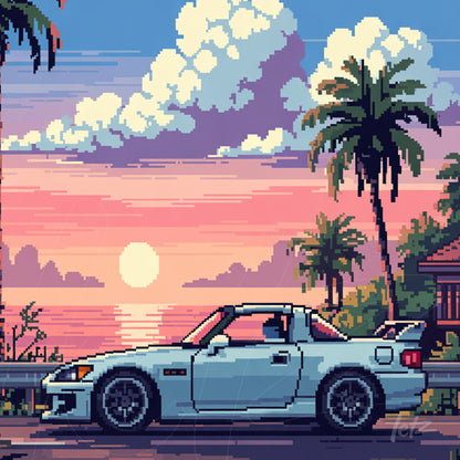 arte digital em pixel art de um carro esportivo branco frente a uma praia ao pôr do sol, com palmeiras ao fundo e nuvens coloridas no céu