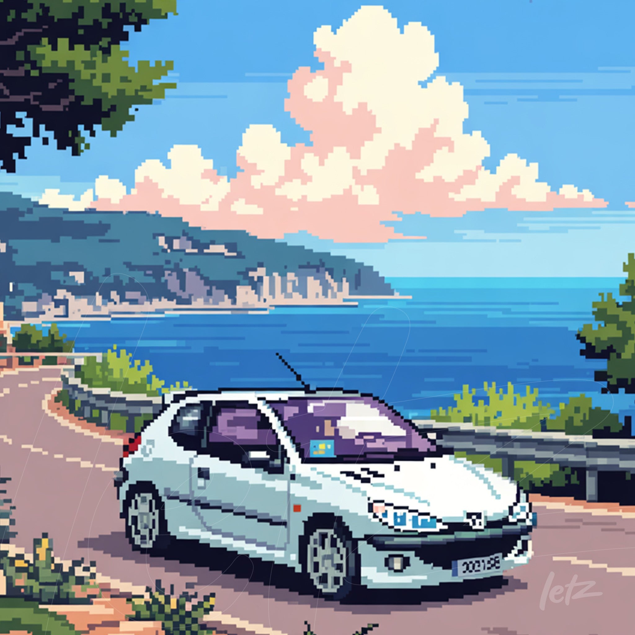 arte digital em pixel art de carro branco em estrada costeira com mar ao fundo e nuvens no céu