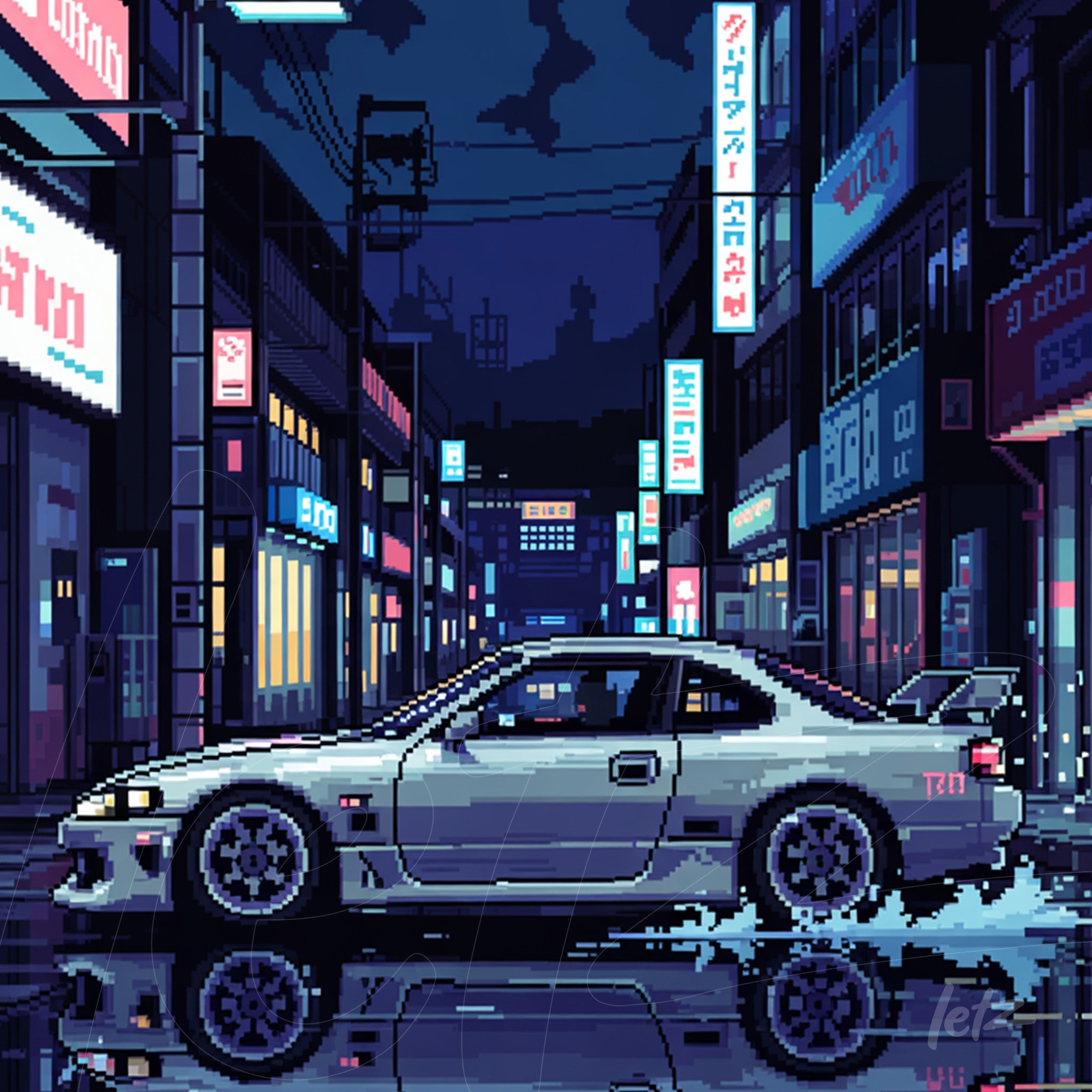 arte digital em pixel de carro esportivo prateado em rua iluminada à noite com neons