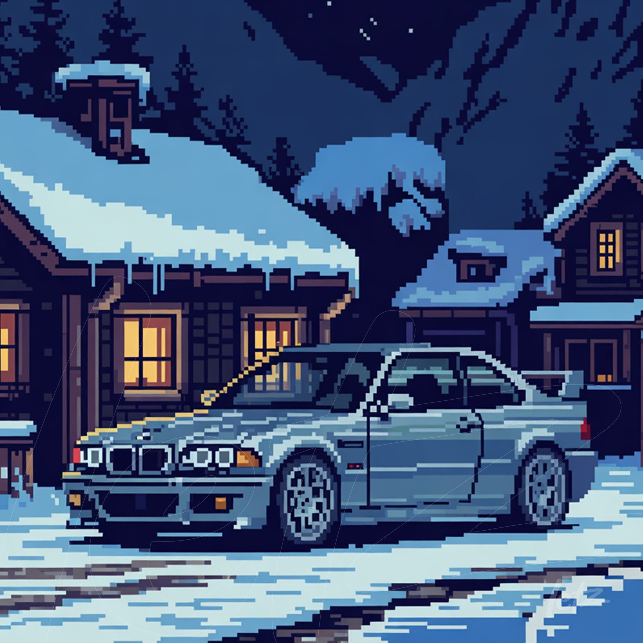ilustração em pixel art de um carro BMW em frente a uma casa de madeira coberta de neve durante a noite