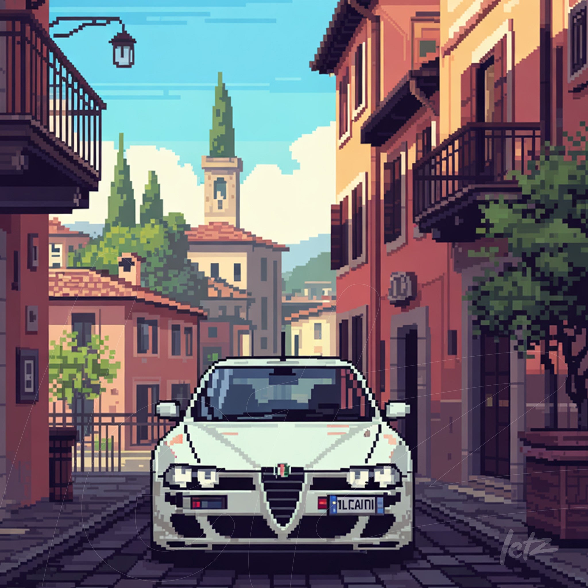 arte digital estilo pixel art de um carro branco em uma rua italiana com casas coloridas