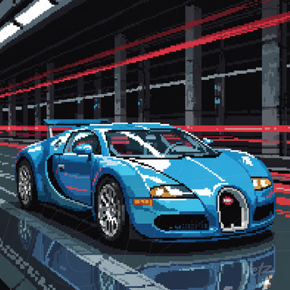 arte digital em estilo pixel art de um carro esportivo azul em um ambiente urbano com luzes vermelhas em movimento