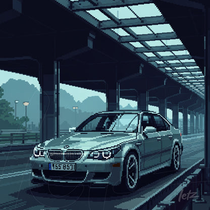 arte digital em pixel art de um carro BMW prateado estacionado sob uma estrutura arquitetônica moderna