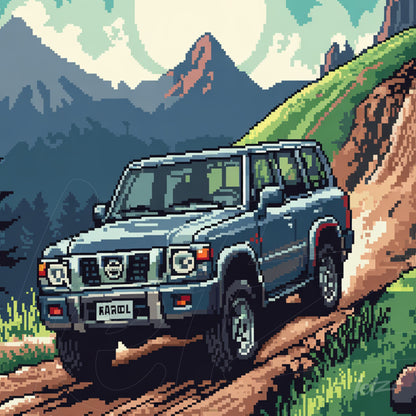 arte digital em pixel do carro Nisan subindo uma trilha em montanha rodeada por árvores e pico de montanhas ao fundo