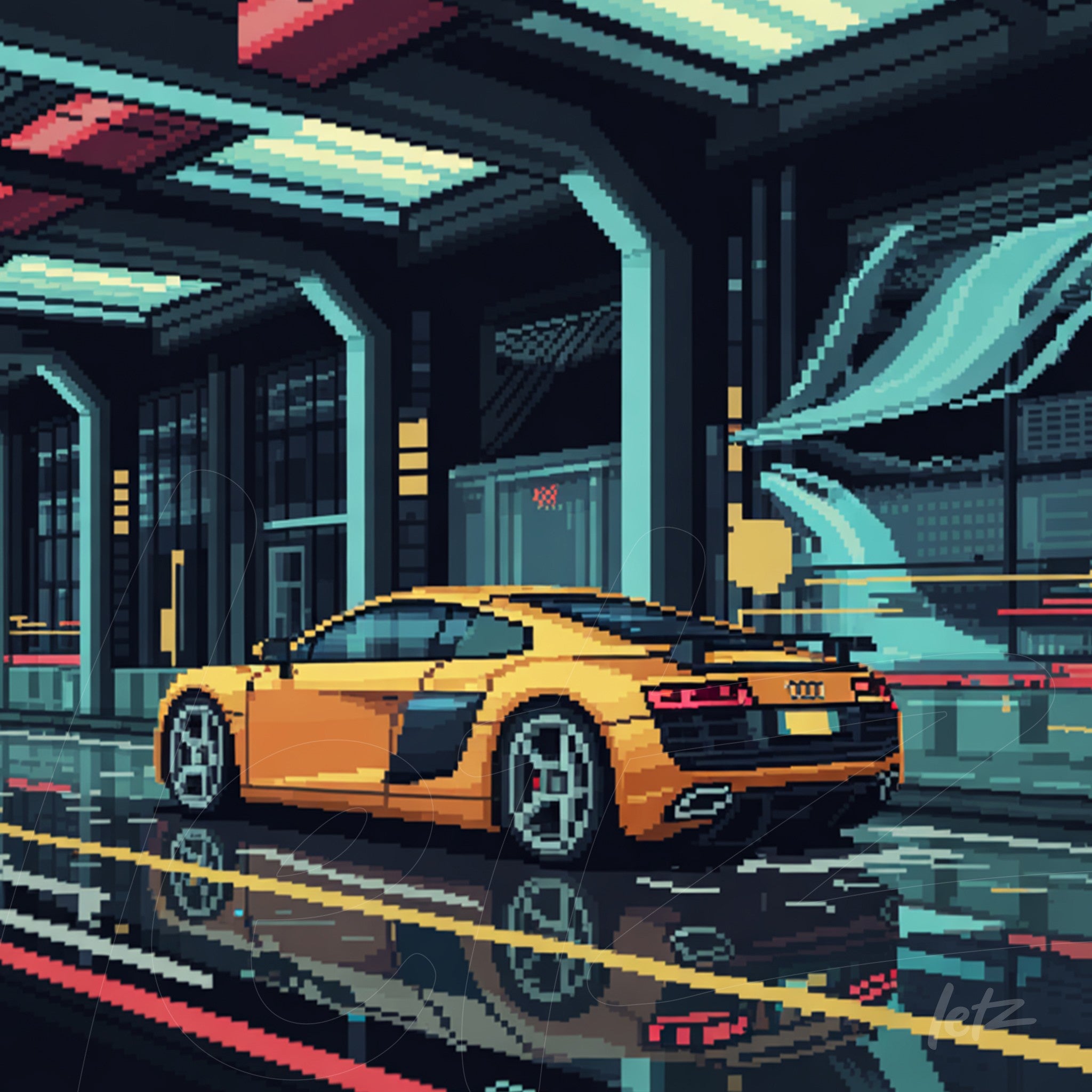arte digital em pixel art de um carro esportivo Audi amarelo em um cenário futurista