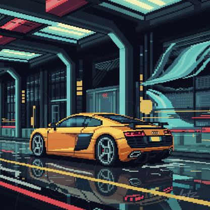 arte digital em pixel art de um carro esportivo Audi amarelo em um cenário futurista