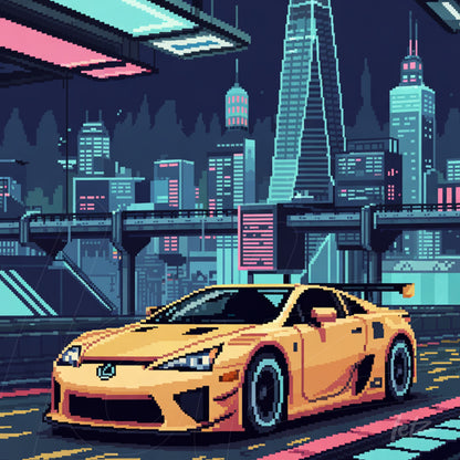 arte digital em estilo pixel art de um carro esportivo amarelo em uma cidade futurista à noite com edifícios iluminados ao fundo