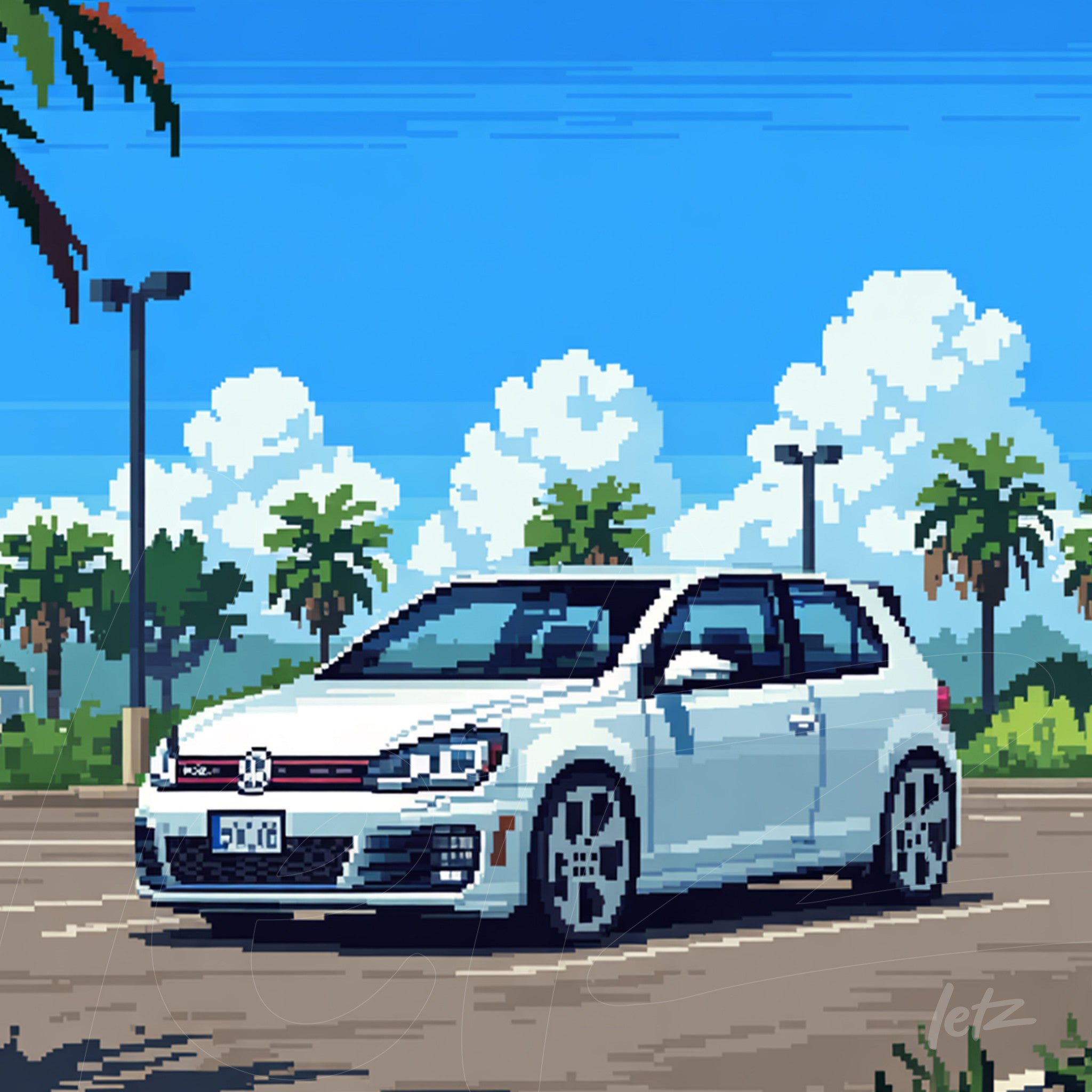 ilustração em pixel art de um carro branco em um estacionamento com palmeiras e nuvens ao fundo