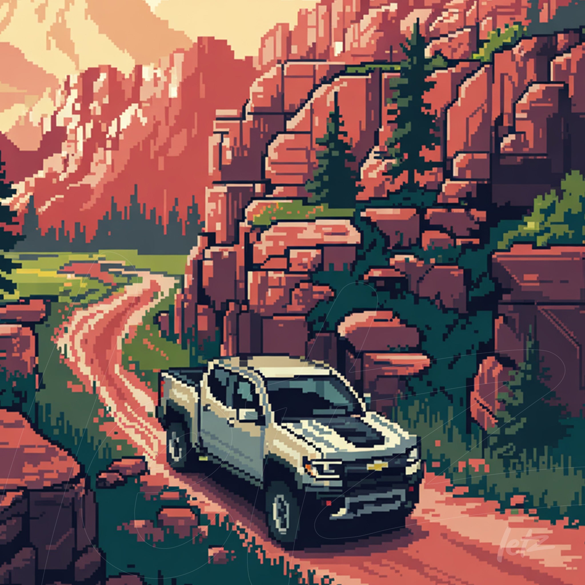 arte digital de caminhonete em pixels em caminho de terra com montanhas ao fundo e vegetação ao redor