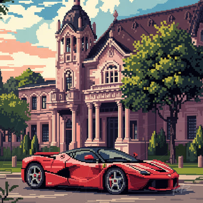 arte digital em estilo pixelado de um carro vermelho em frente a um grande edifício clássico, com árvores verdes ao redor