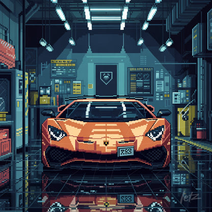 arte digital em pixel art de carro esportivo laranja em uma garagem moderna com piso refletivo