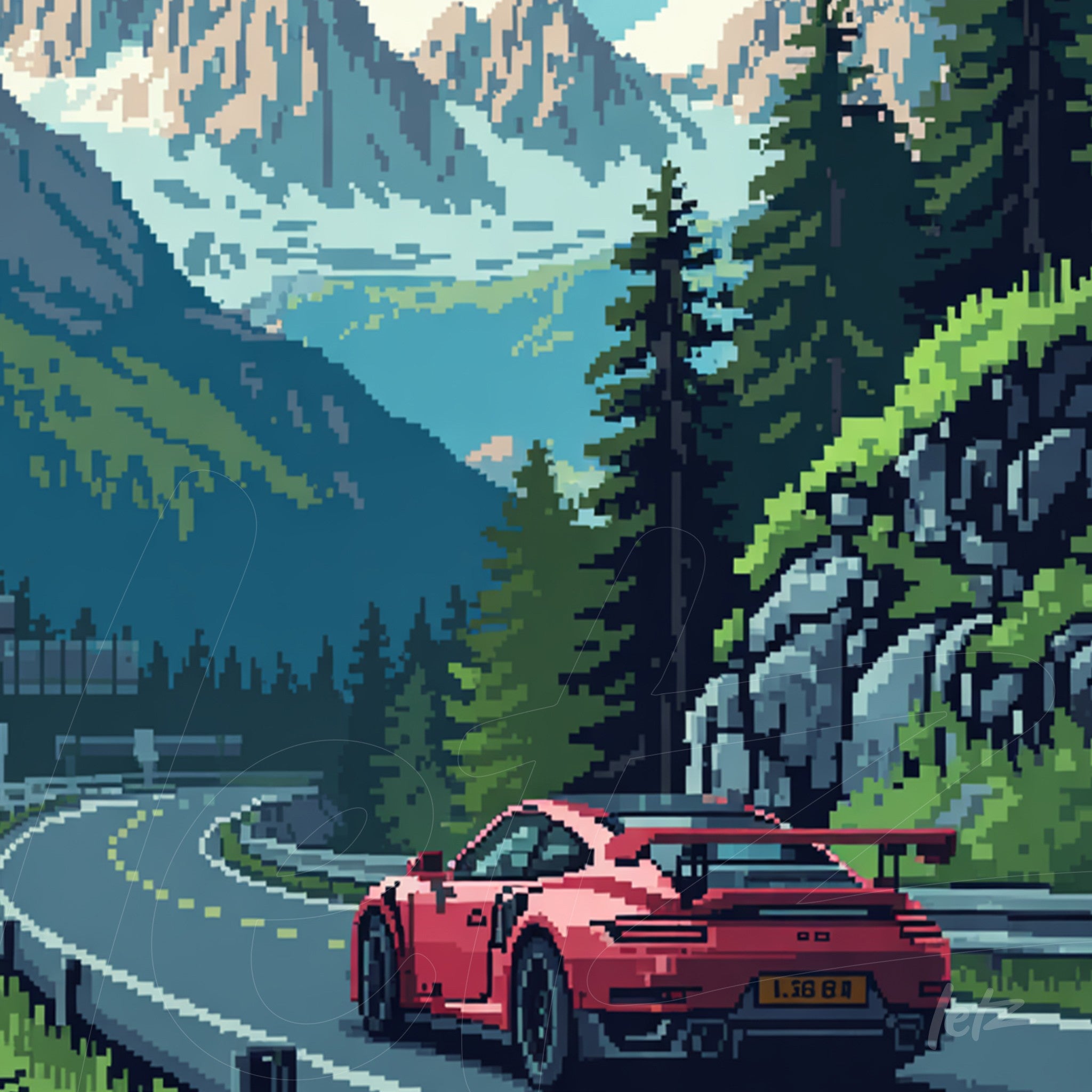 arte digital em estilo pixel art de um carro esportivo vermelho em uma estrada sinuosa rodeada por montanhas e árvores verdes