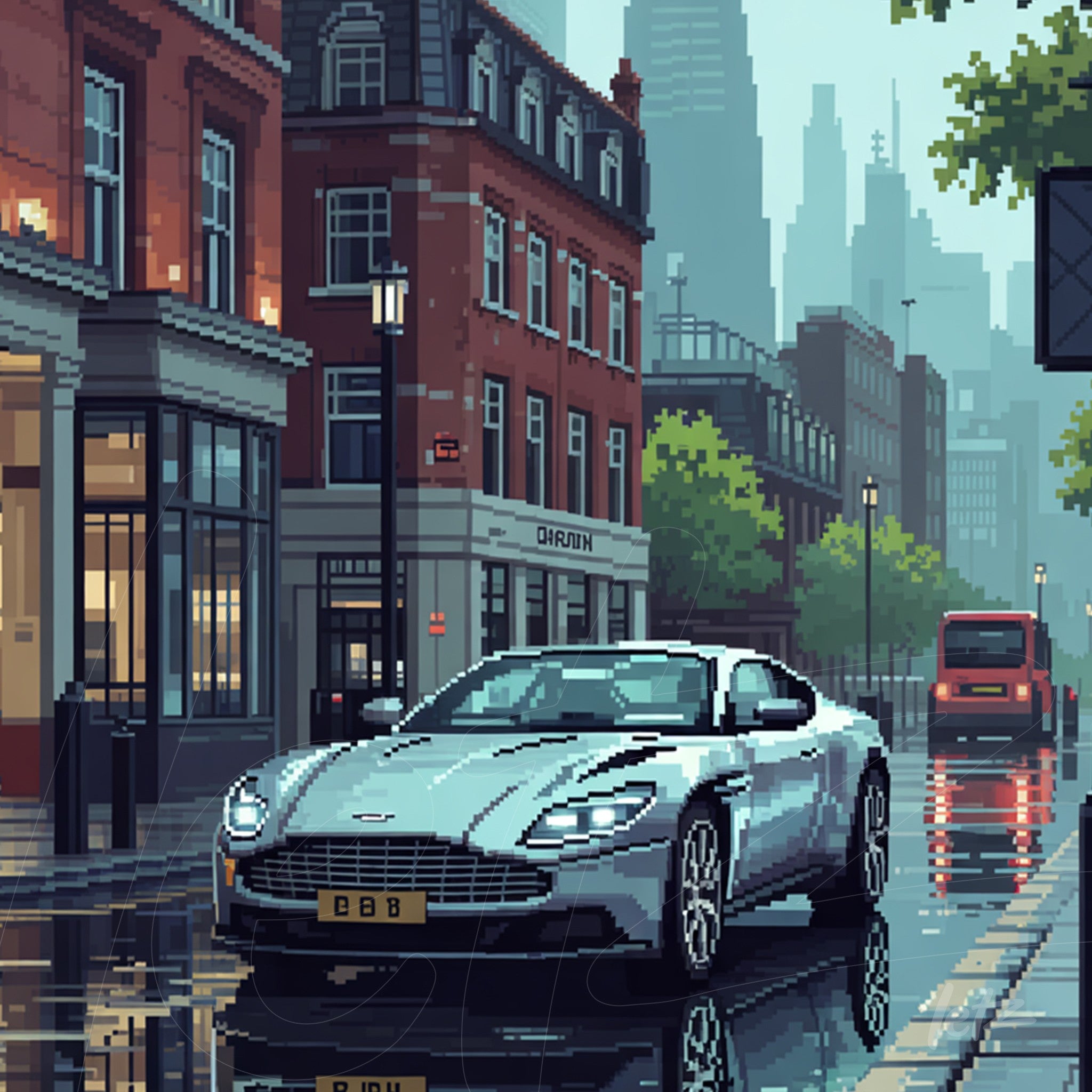 arte em estilo pixelado de um carro Aston Martin prateado em uma rua londrina chuvosa com prédios históricos