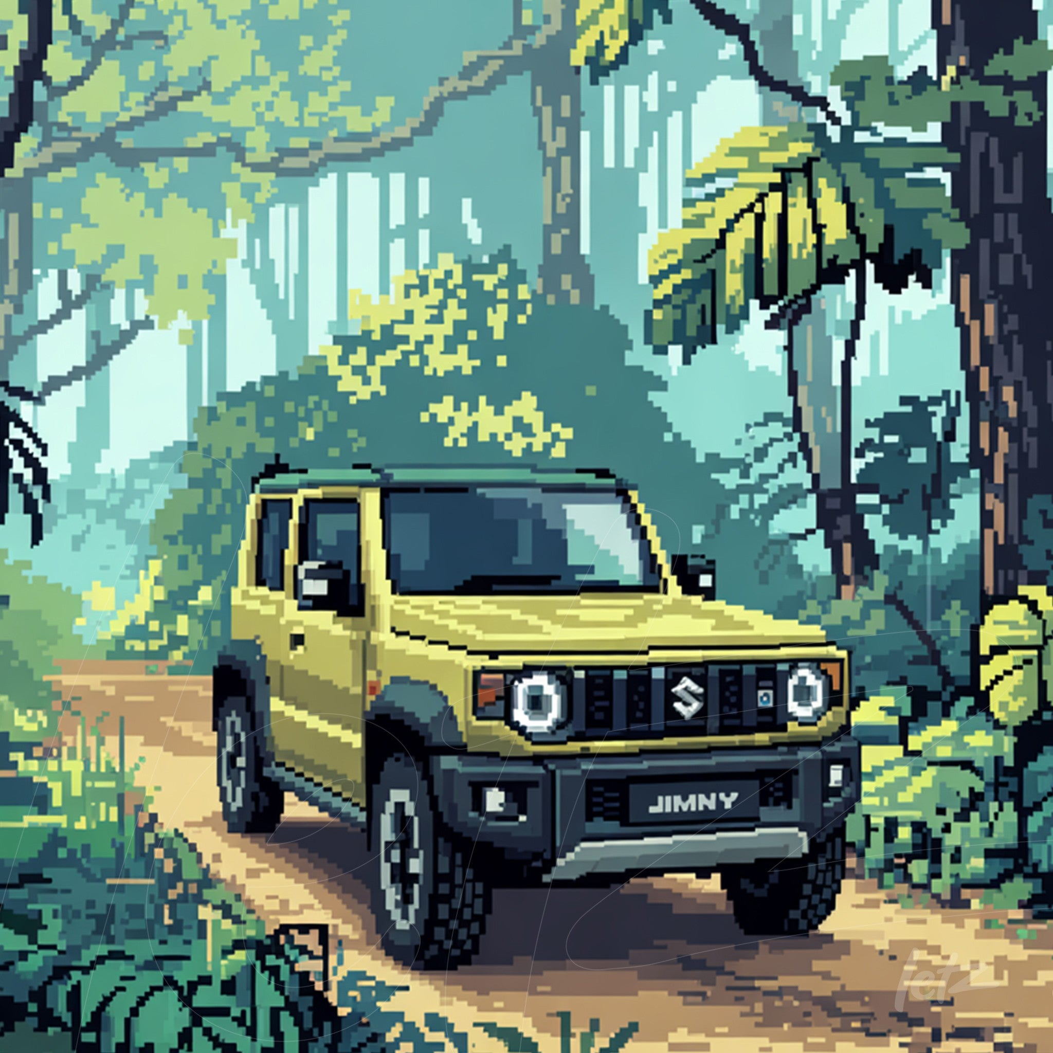 arte digital em pixel art de um carro Suzuki Jimny amarelo em uma estrada na floresta