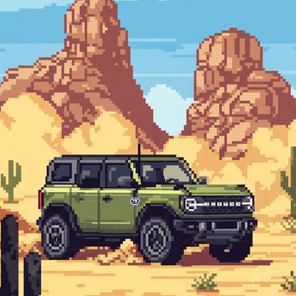 arte digital pixelada de um carro verde em um deserto com formações rochosas ao fundo