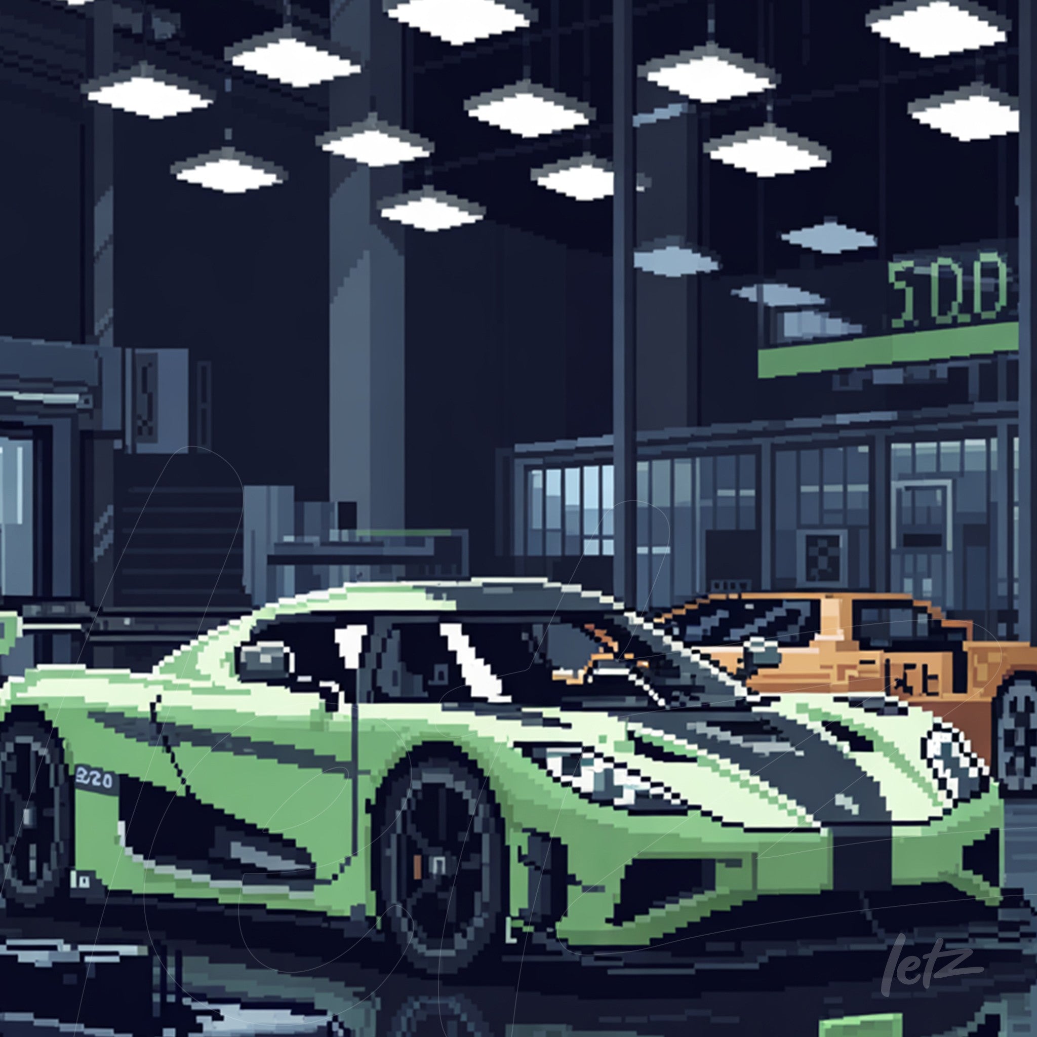 arte digital em estilo pixelado de carro esportivo verde claro em ambiente de oficina, com iluminação projetada e outros veículos ao fundo