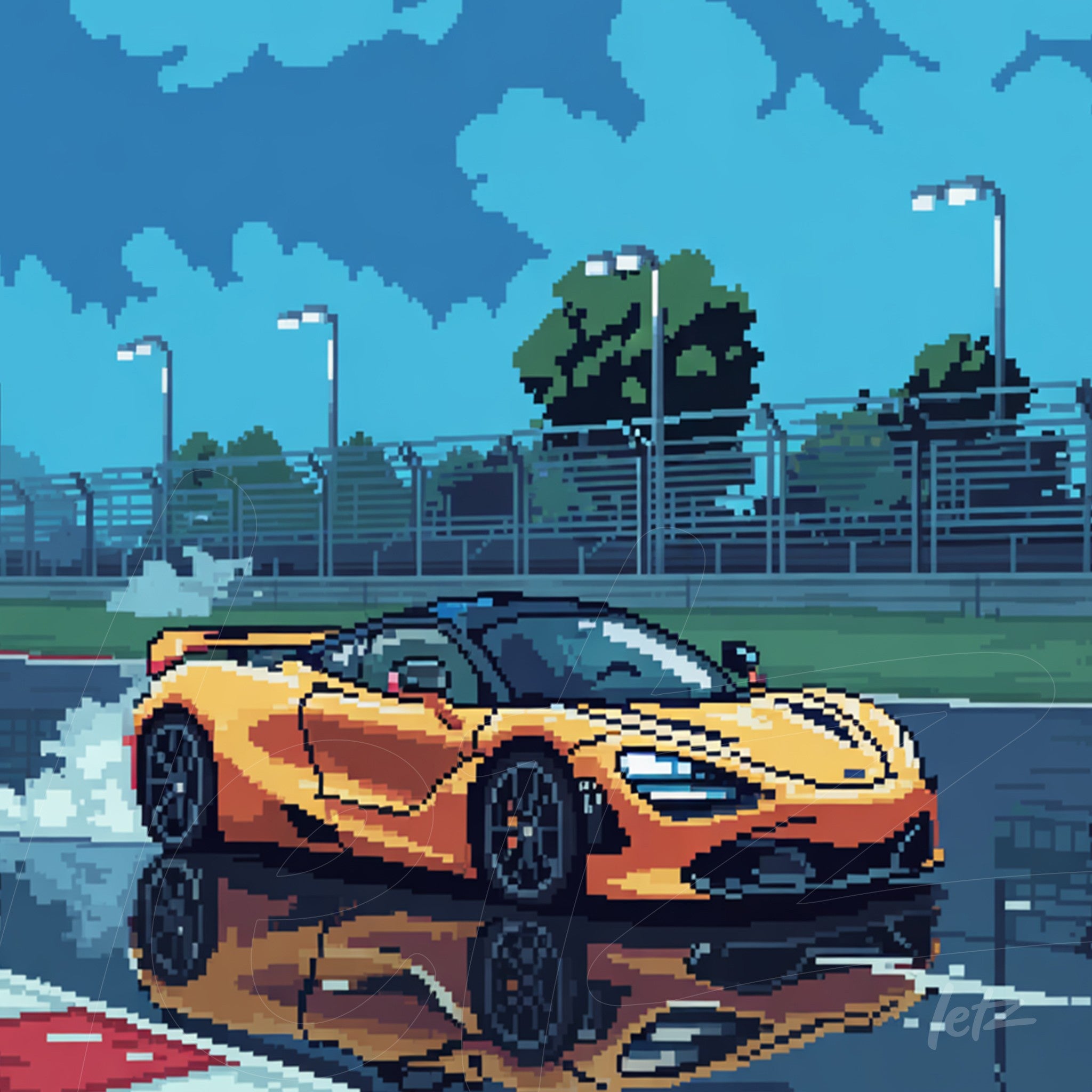 arte digital pixelada de carro esportivo laranja em pista molhada com reflexos