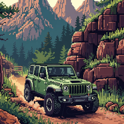 arte digital em pixel art de um carro off-road verde em uma estrada de terra rodeada por montanhas e árvores