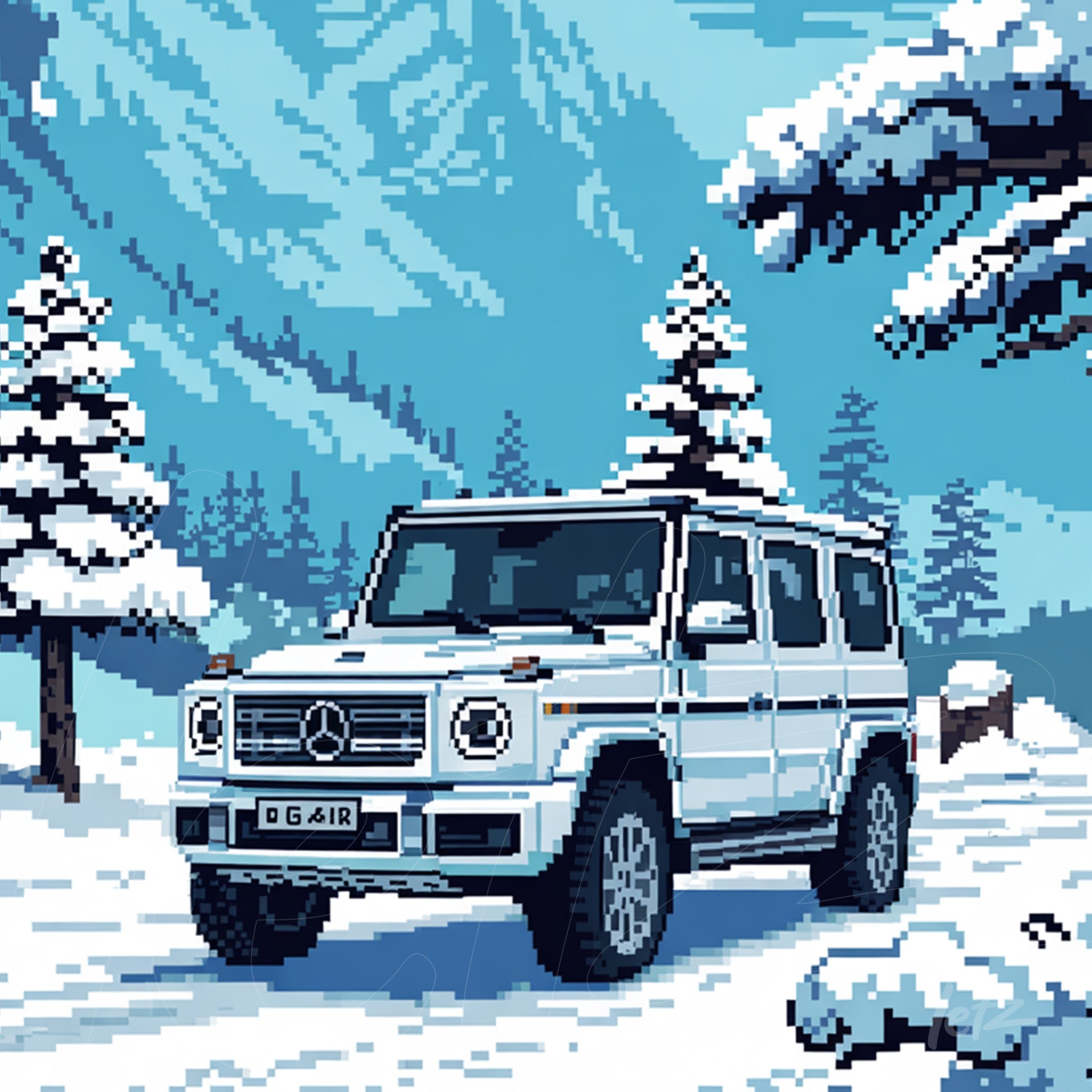 quadro com arte em pixel de um carro Mercedes-Benz G-Class em uma paisagem nevada com montanhas ao fundo