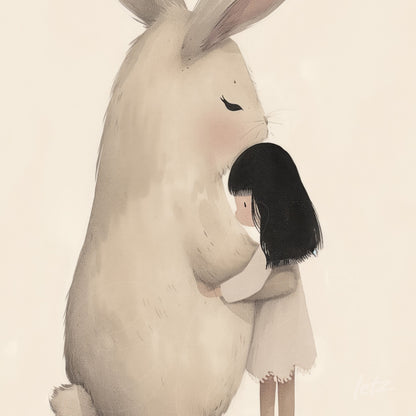 ilustração de menina abraçando coelho enorme em fundo claro