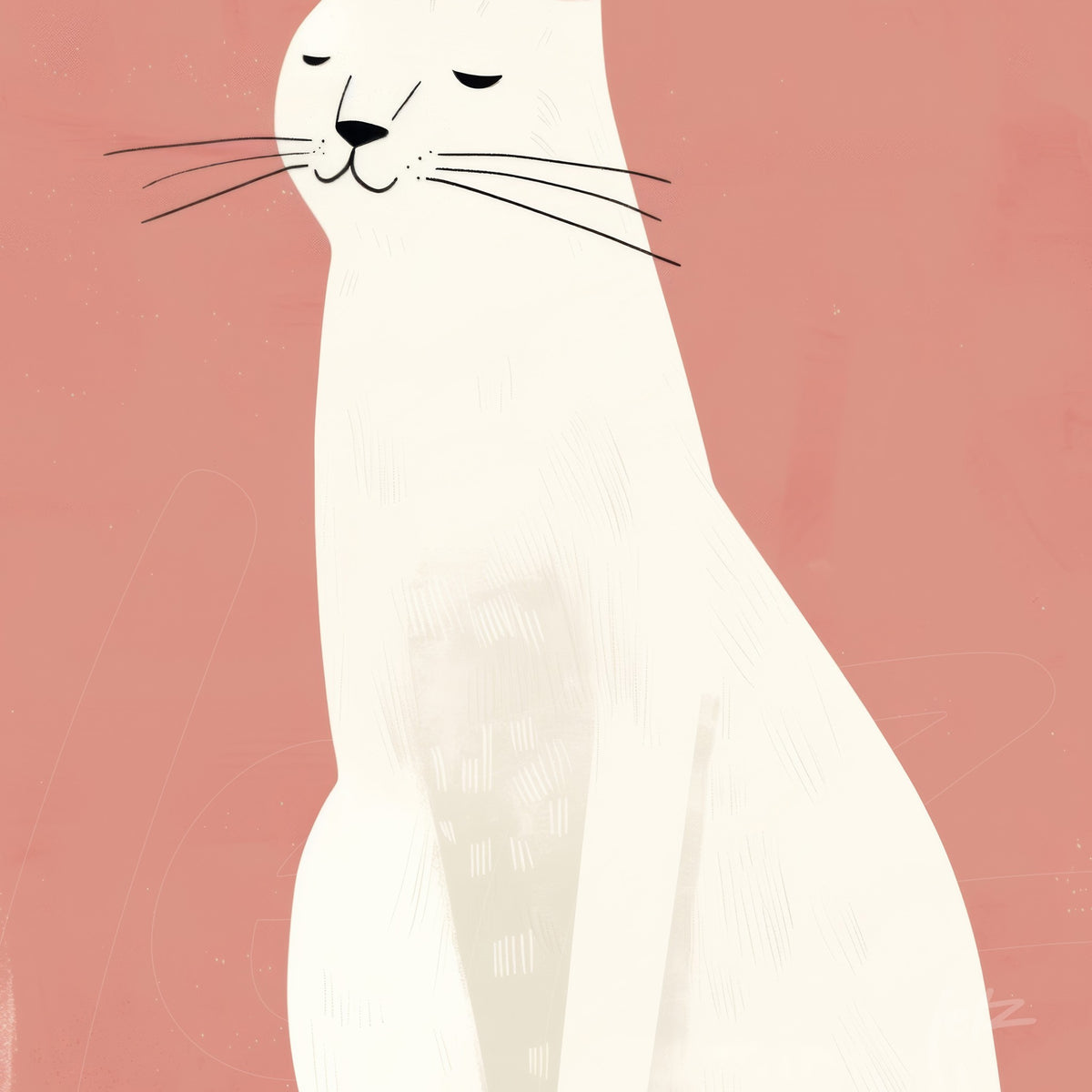 ilustração de gato branco sentado com olhar tranquilo em fundo rosa suave