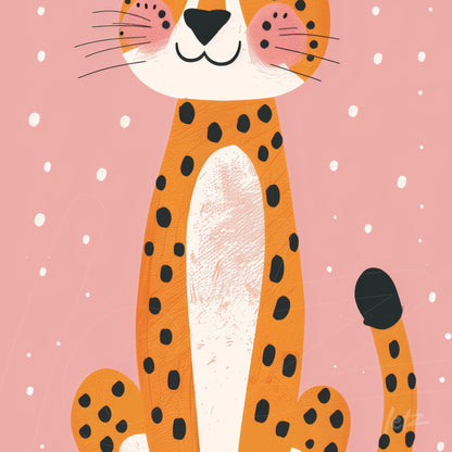 arte digital de um leopardo sorridente com fundo rosa e bolinhas brancas