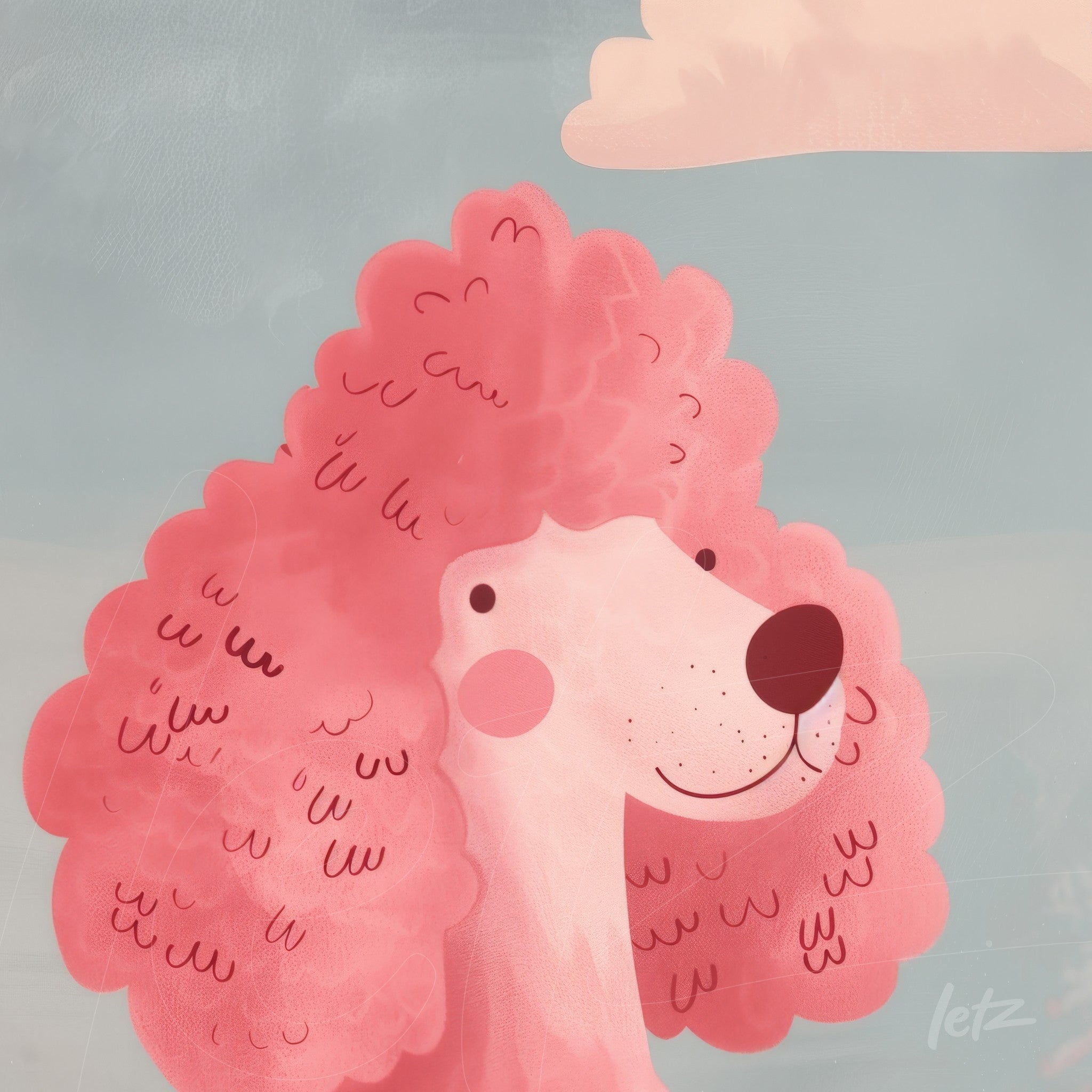 ilustração de um poodle rosa com pelagem volumosa sobre fundo azul claro com nuvens