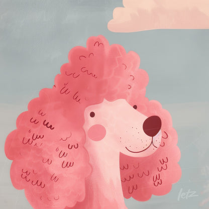 ilustração de um poodle rosa com pelagem volumosa sobre fundo azul claro com nuvens