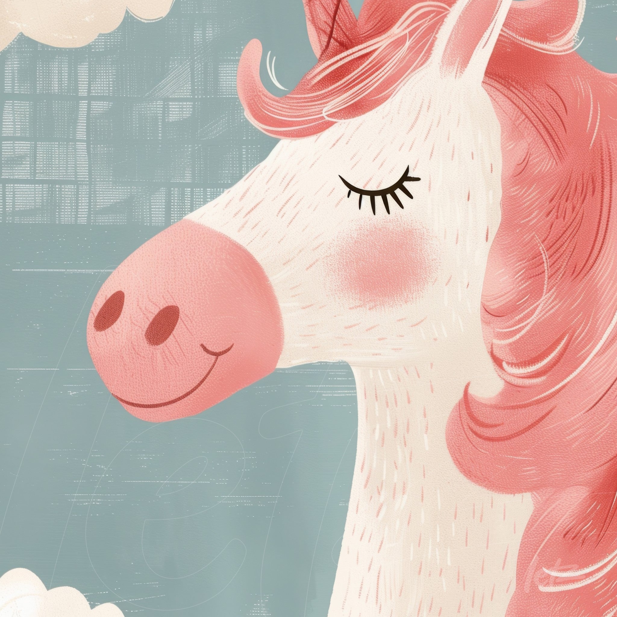 quadro com ilustração de unicórnio detalhado, com cabeça rosada e fundo azul suave com nuvens