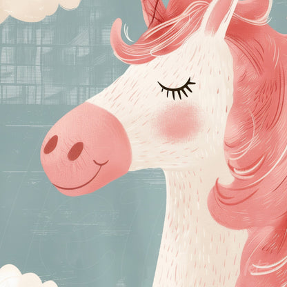 quadro com ilustração de unicórnio detalhado, com cabeça rosada e fundo azul suave com nuvens