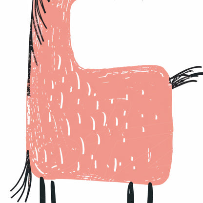 ilustração de um cavalo estilizado em cor rosa com contornos pretos