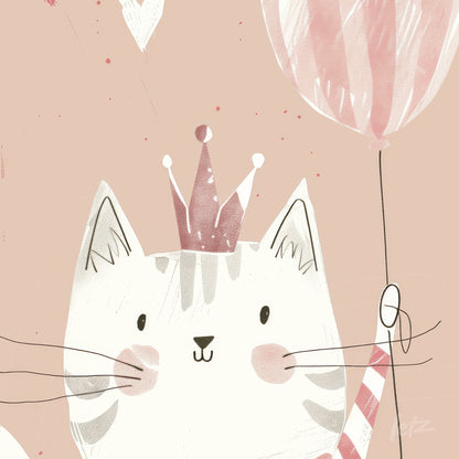 arte digital de um gato fofo usando uma coroa, segurando um balão rosa sobre fundo pêssego