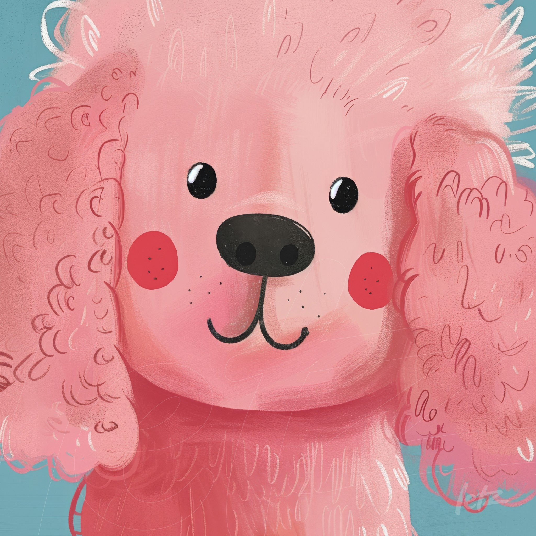 ilustração de um poodle rosa com pelos fofos e rostinho amigável, fundo azul