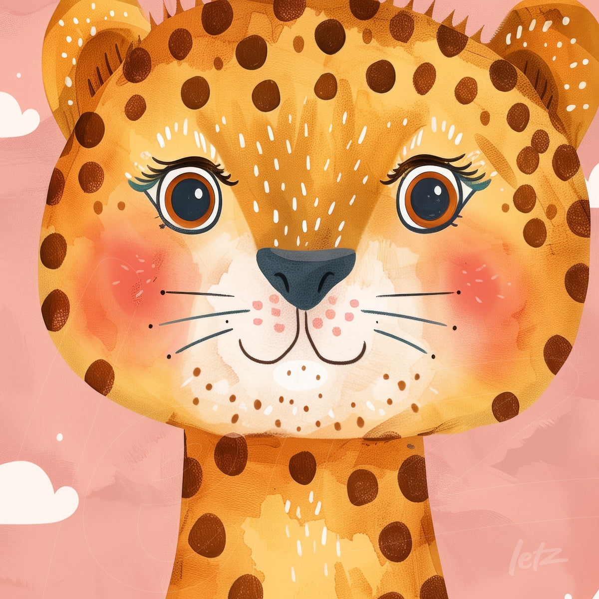 quadro com ilustração colorida de uma onça com fundo rosa e nuvens brancas