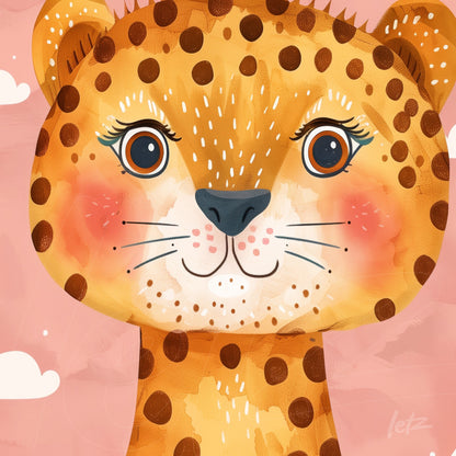 quadro com ilustração colorida de uma onça com fundo rosa e nuvens brancas