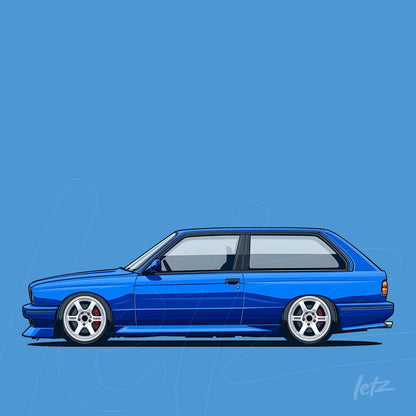 ilustração de um carro compacto azul на fundo azul com rodas prateadas e design aerodinâmico