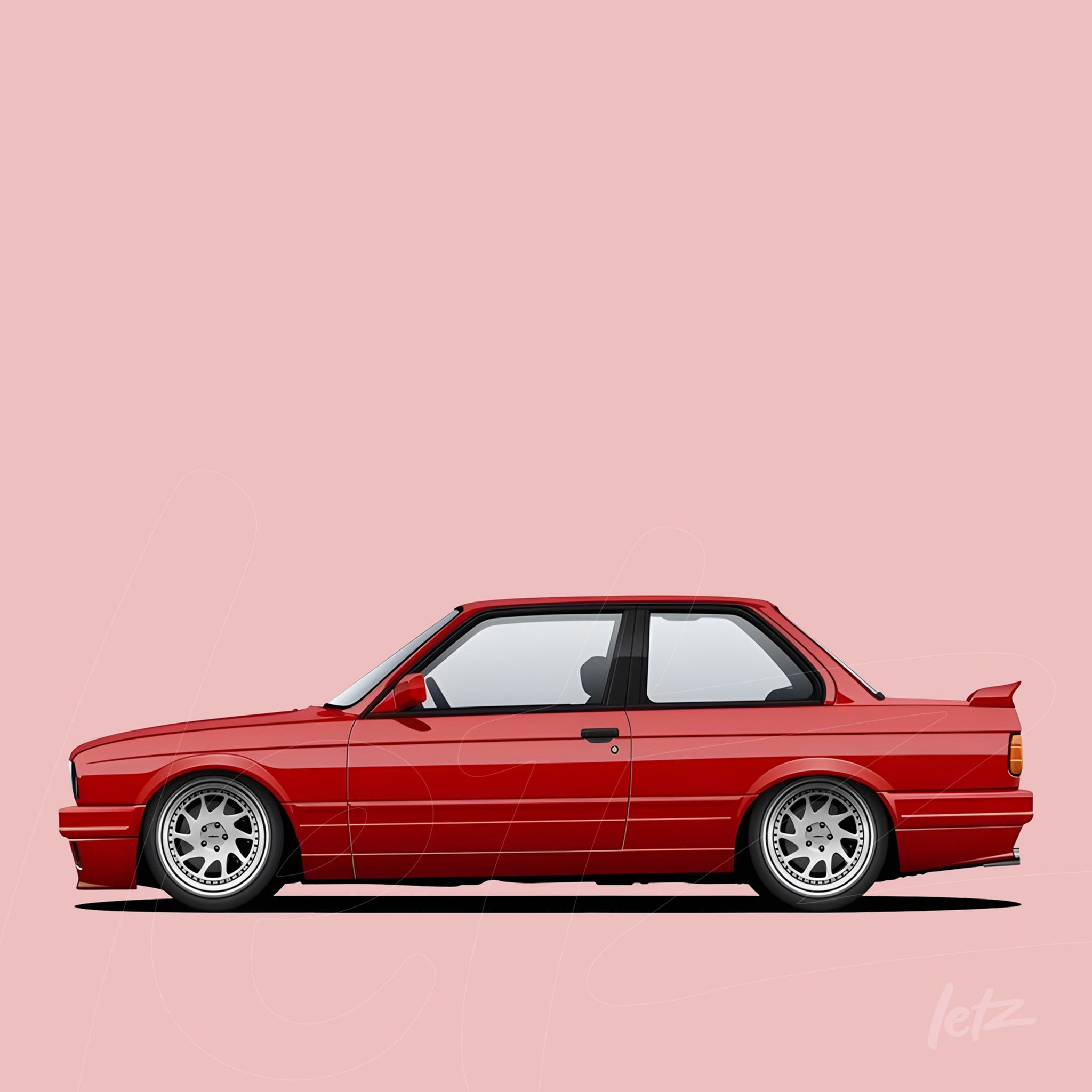 arte digital de um carro esportivo vermelho em fundo rosa claro com rodas cromadas e perfil baixo