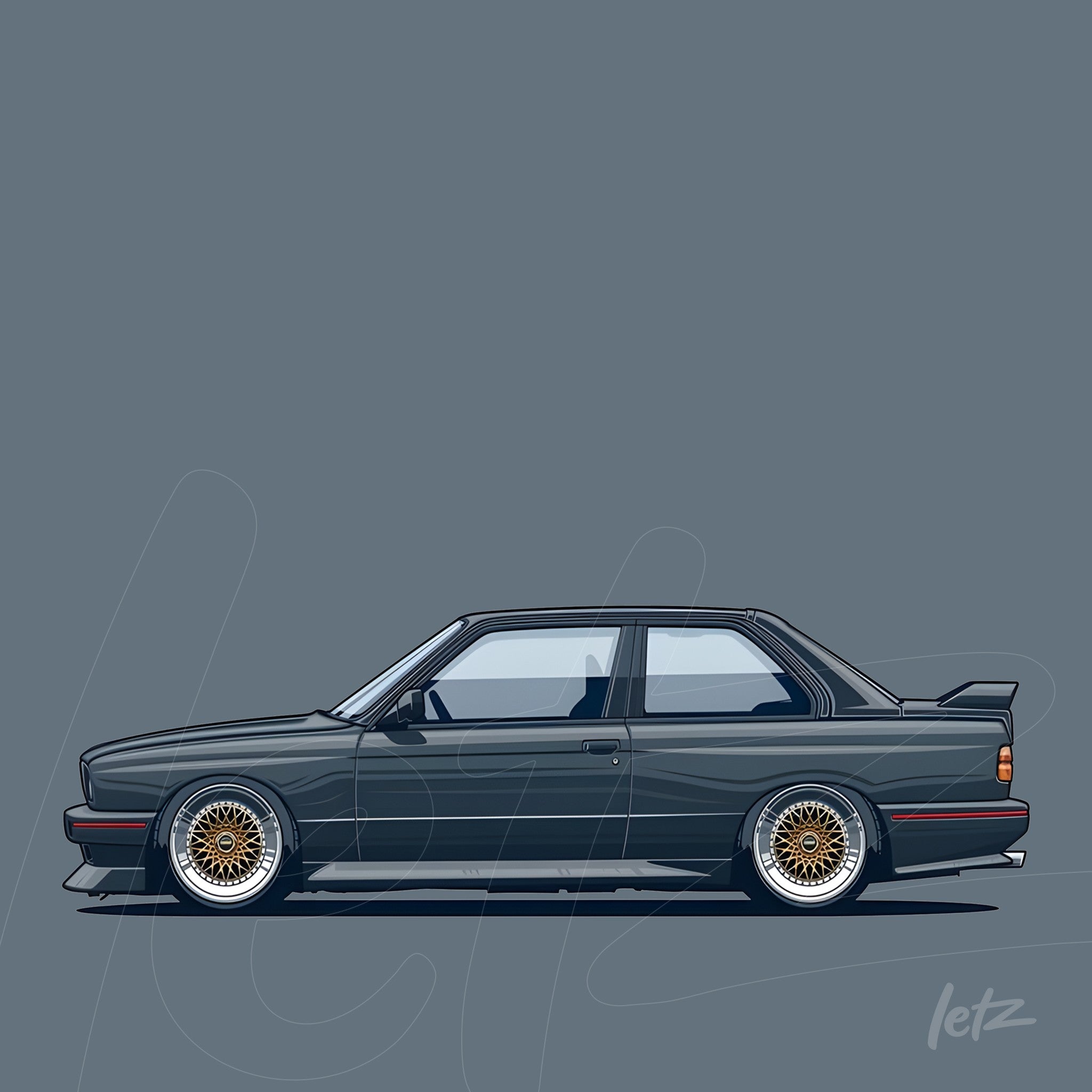 arte digital de carro esportivo cinza em fundo azul escuro com detalhes em vermelho