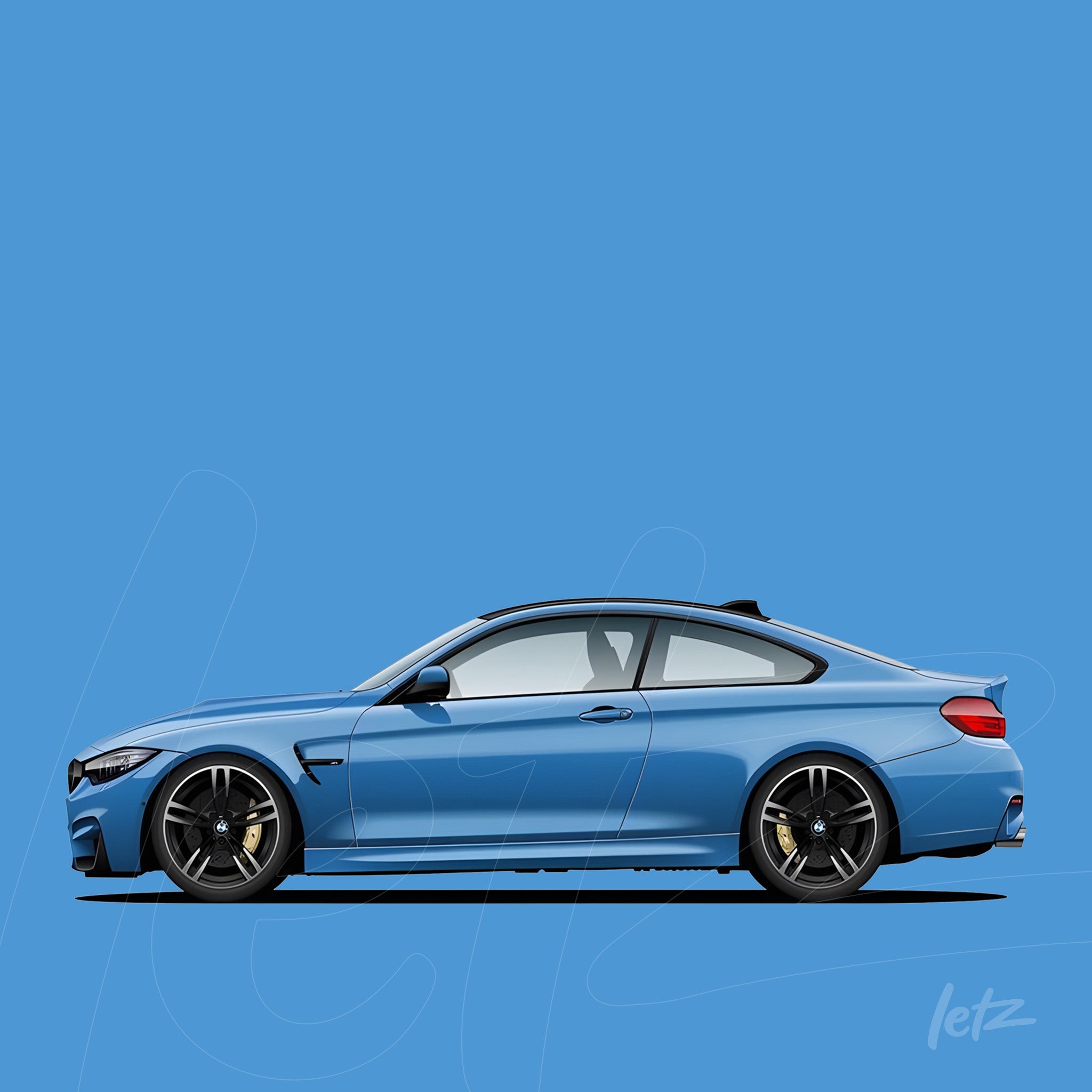 retrato lateral de um carro esportivo azul em fundo azul vibrante