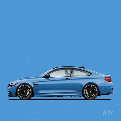 retrato lateral de um carro esportivo azul em fundo azul vibrante