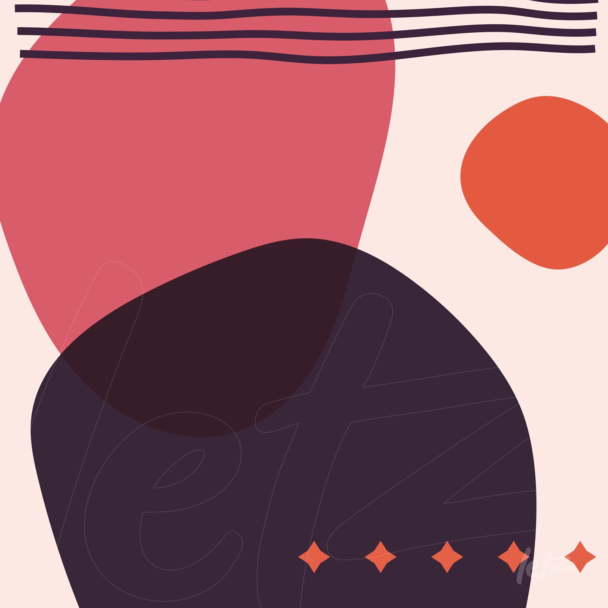 arte abstrata com formas orgânicas em tons vermelhos e pretos sobre fundo bege