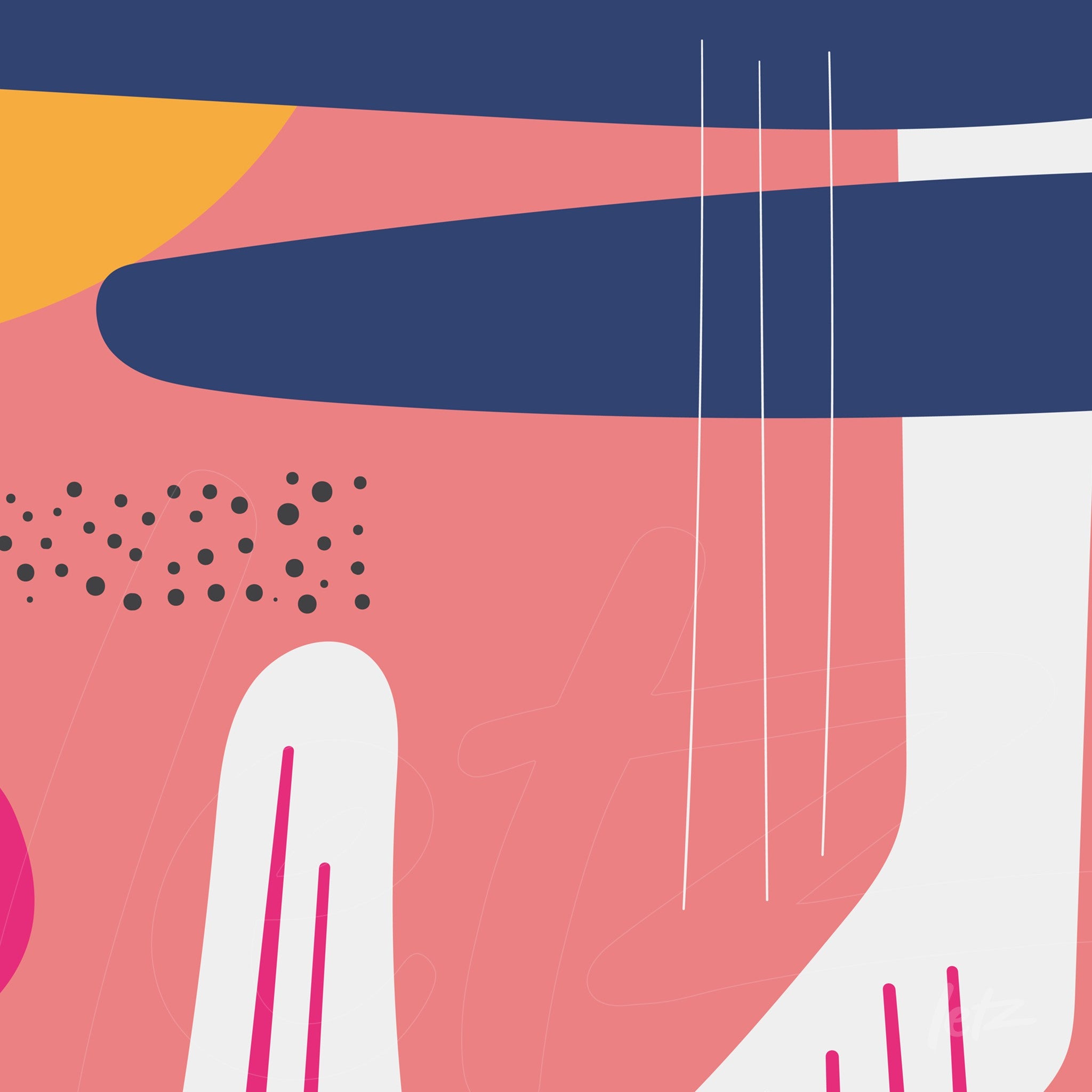 arte abstrata boho com formas geométricas em tons modernos de rosa, azul e amarelo