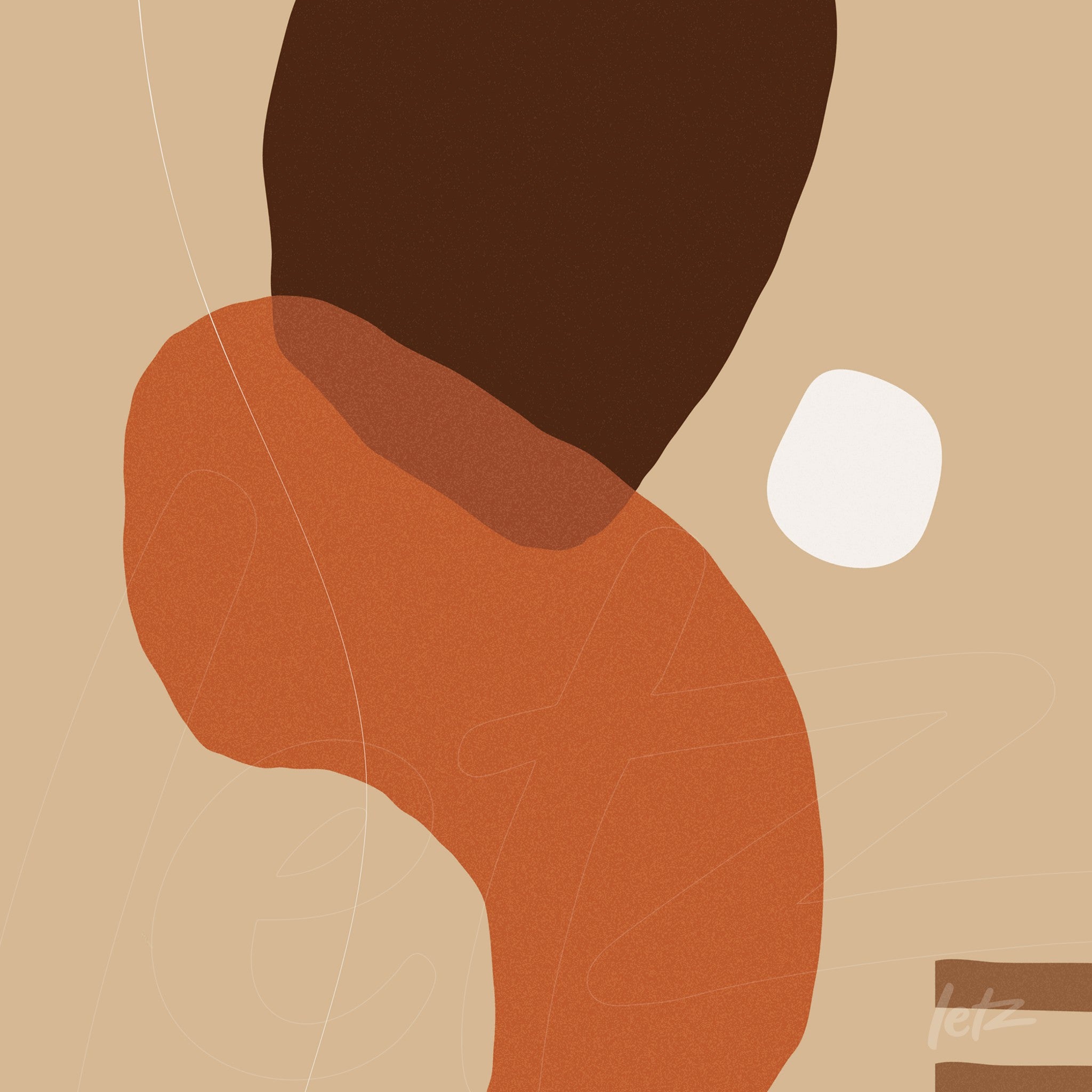 arte abstrata com formas orgânicas em tons terrosos de marrom, laranja e bege sobre fundo claro