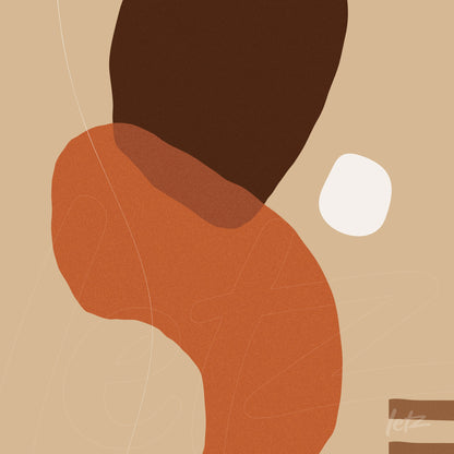 arte abstrata com formas orgânicas em tons terrosos de marrom, laranja e bege sobre fundo claro