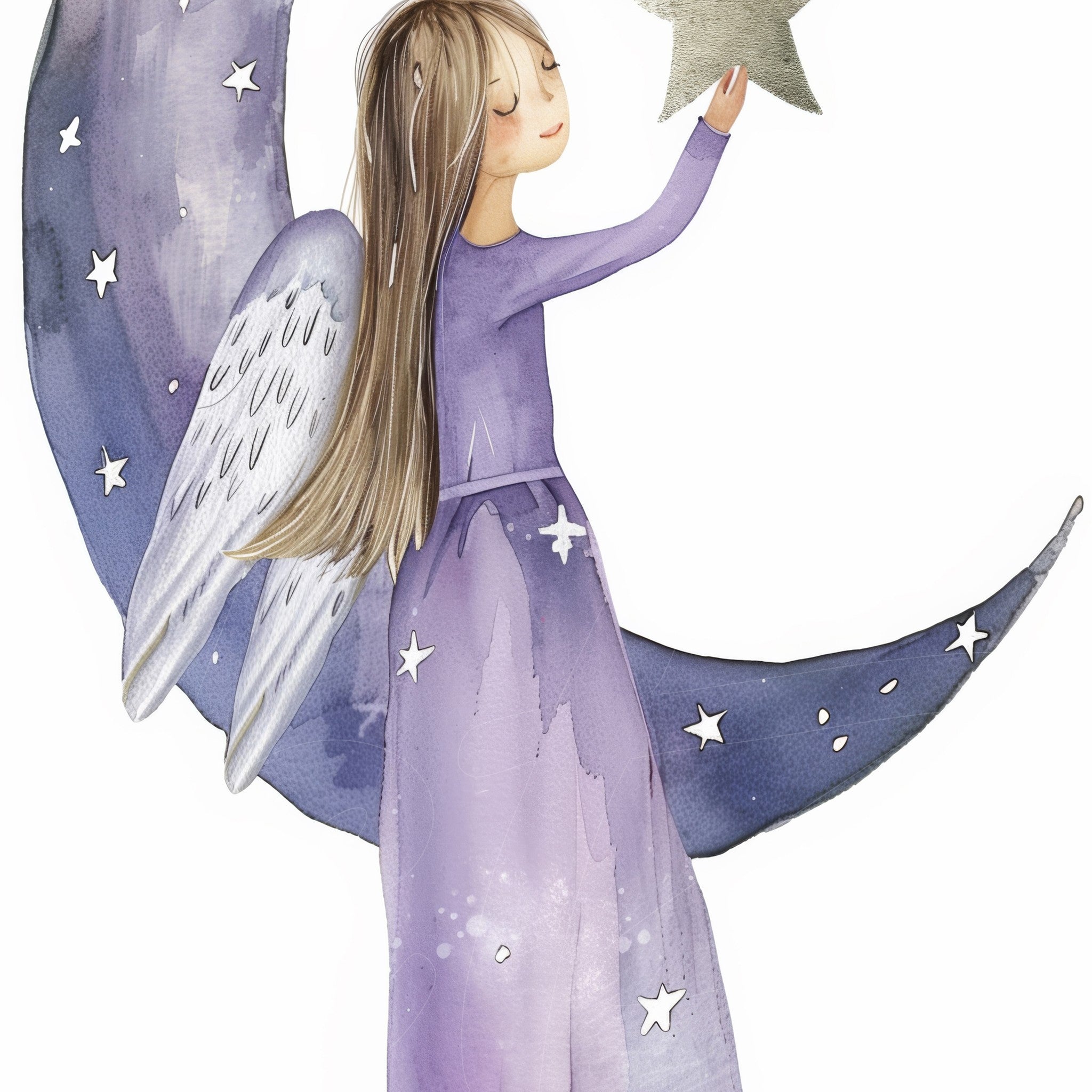 ilustração de menina com asas de anjo segurando uma estrela sobre um crescente de lua roxa