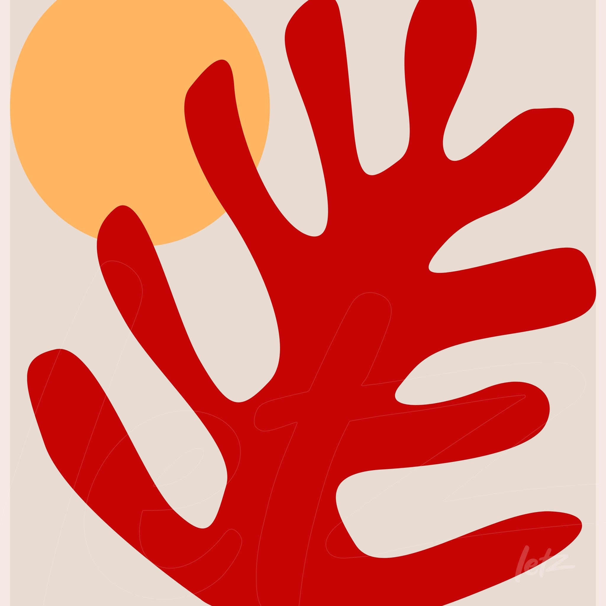 quadro com arte abstrata de folhagens vermelhas em fundo neutro com uma forma circular laranja