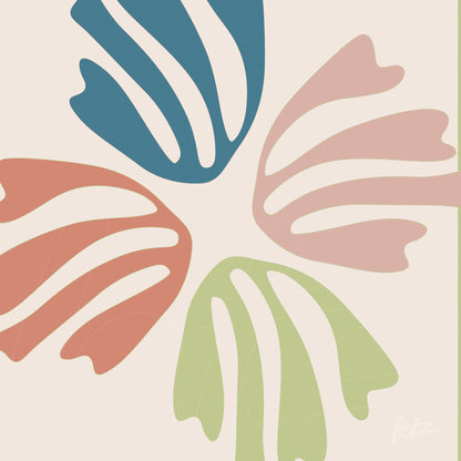 arte digital com folhas estilizadas em tons de azul, rosa, verde e terracota sobre fundo claro