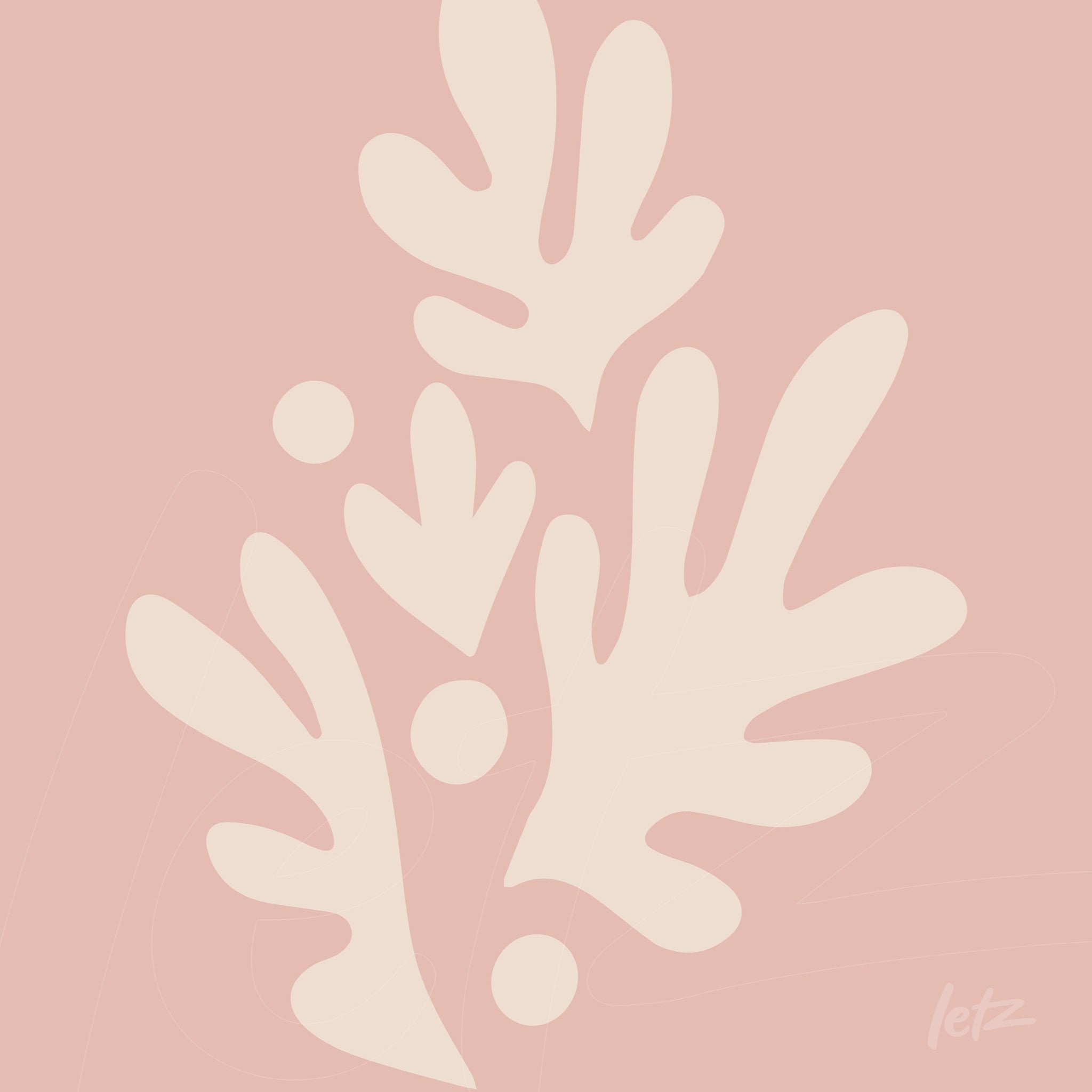 quadro com arte minimalista de folhas em tonalidade clara sobre fundo rosa