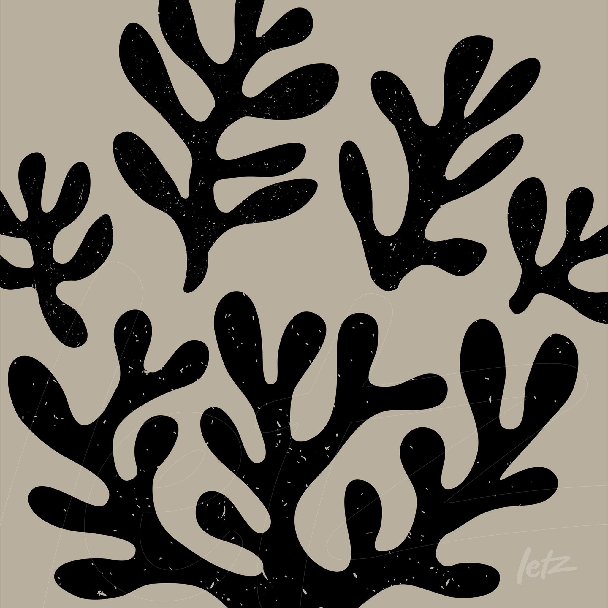 arte digital em tons de preto representando corais estilizados sobre fundo bege